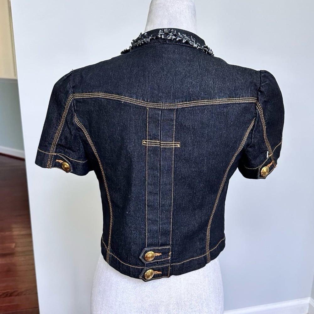 BISOU BISOU Dark Denim Gold Hardware Button Up Cropped Sexy Top Jacket Small - Picture 7 of 12